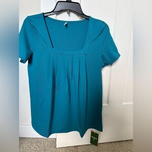 HALARA Teal Square-Neck Short Sleeve Pleated Top size S